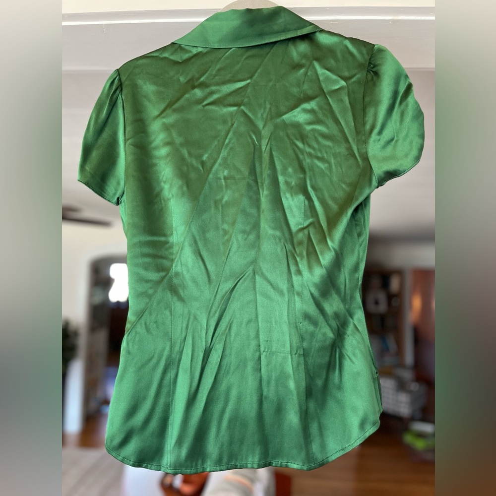Emerald Green Satin Short Sleeved Blouse - Picture 6 of 7